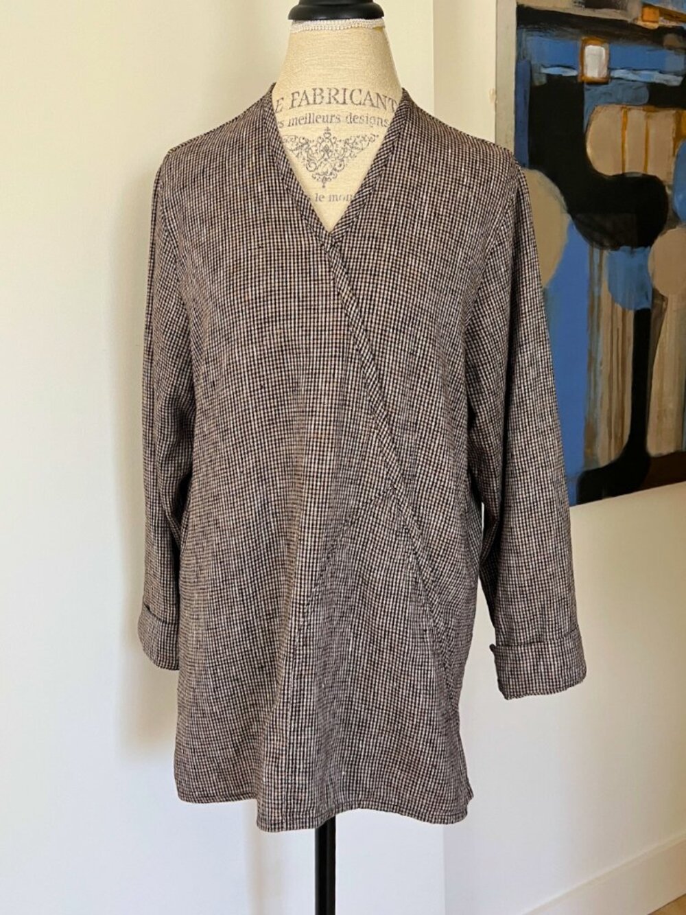 FLAX Jeanne Engelhart 100% Linen Faux-Wrap Tunic S Ivory Brown Black Check